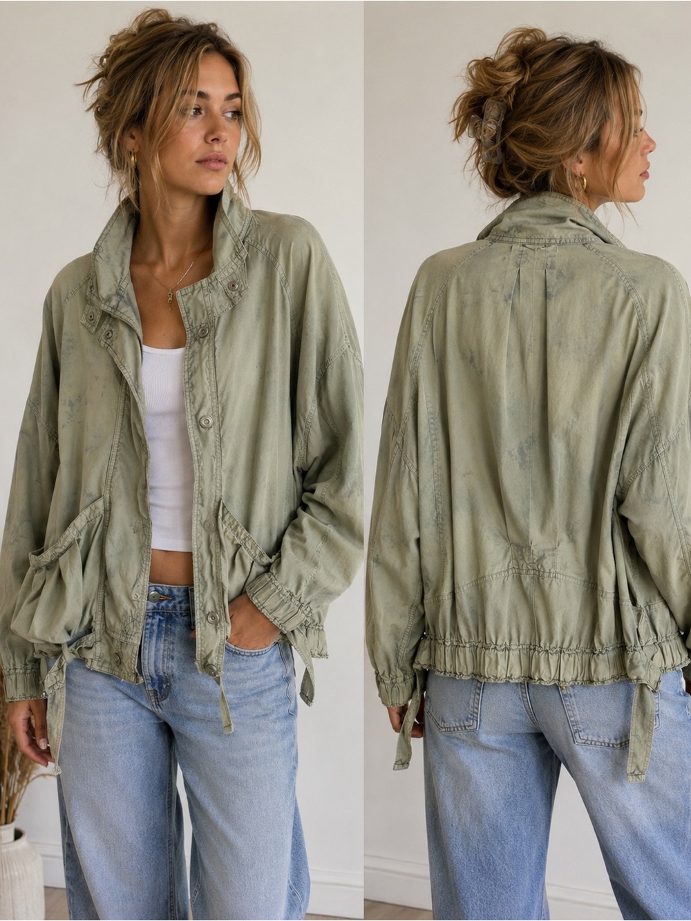 Free People We The Free Utility Jacket S Green Distressed Washed Moto Military